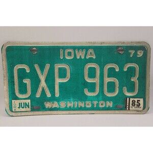 IOWA License Plate GXP 963 Washington County 1979 Tag, 1985 sticker tag See!